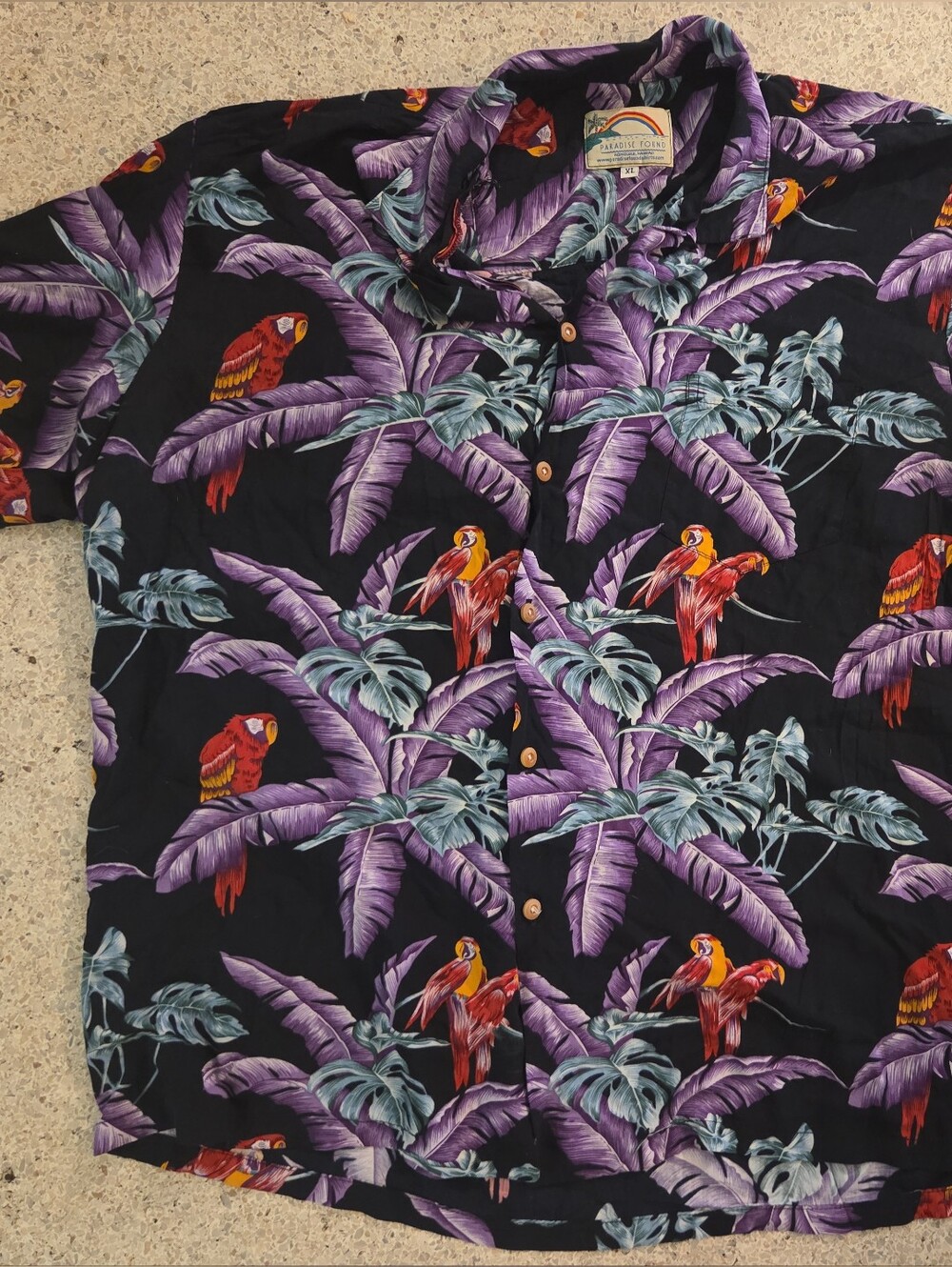 Paradise Found Parrot PALM Hawaiian Shirt Button Down Purple Black XL Hawaii